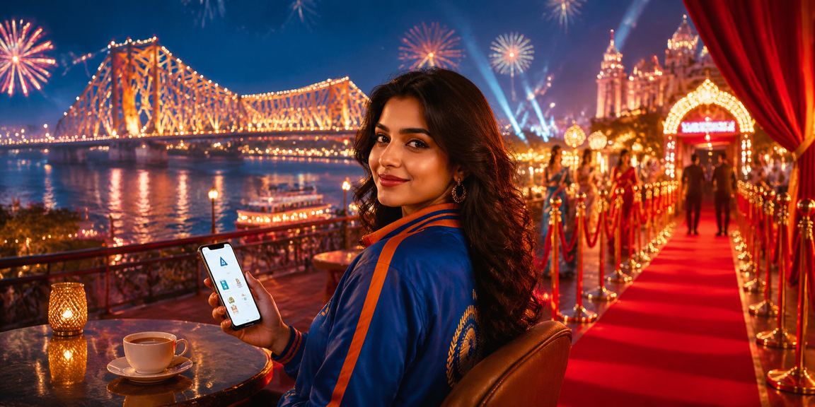 Kolkata Howrah Bridge illuminated during cricket season in red and gold